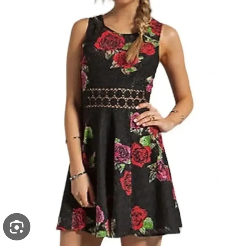 Free People Black Floral Print Lace Embroider Fit & Flare Mini Dress. 6